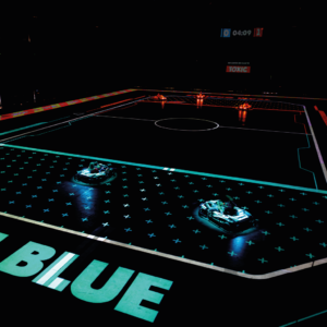Terrain de jeu BattleFoot vu du haut avec équipe Blue en avant-plan