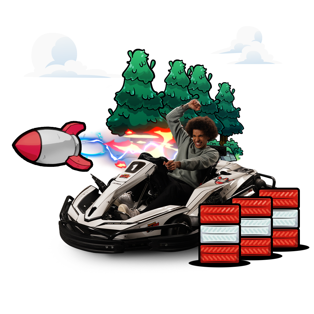 Joueur BattleKart qui tire un missile depuis son kart avec arbres virtuels en arrière-plan